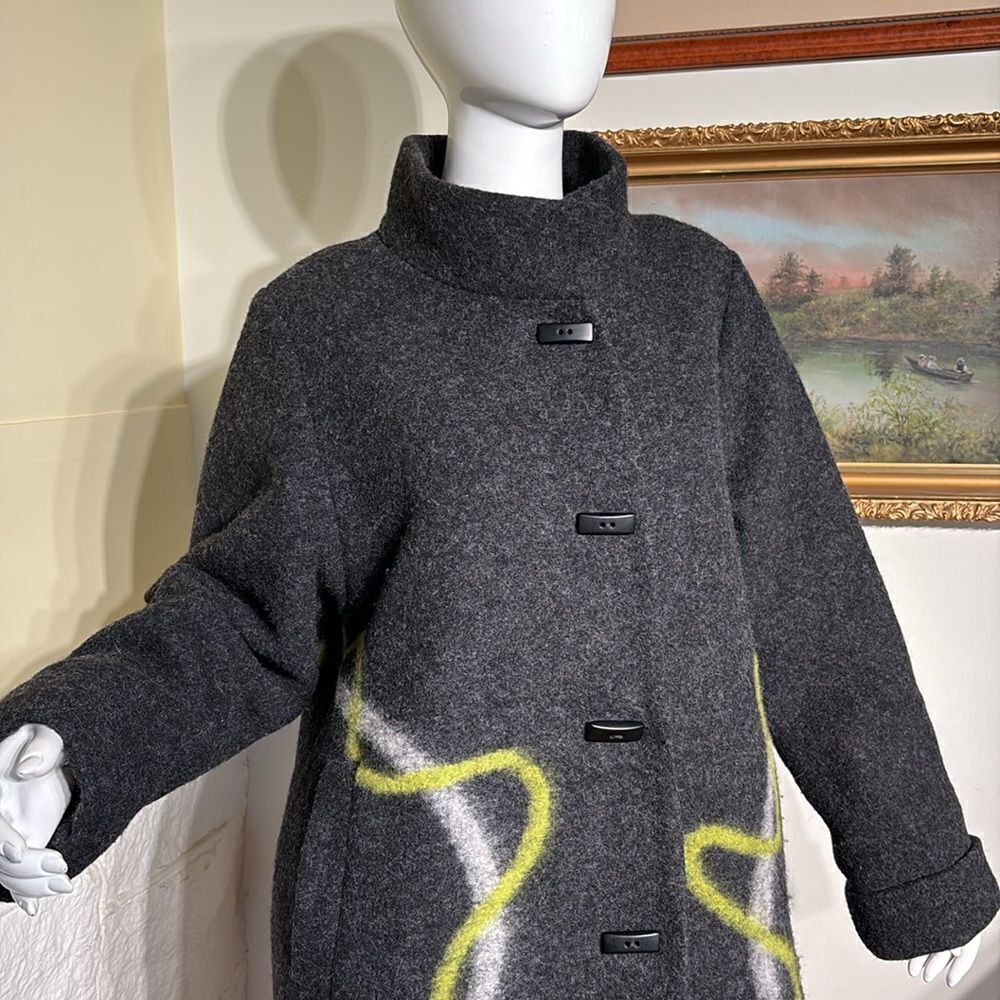 Aino Finland Dark Grey & Lime Green Wool Car Length Coat - Picture 9 of 15